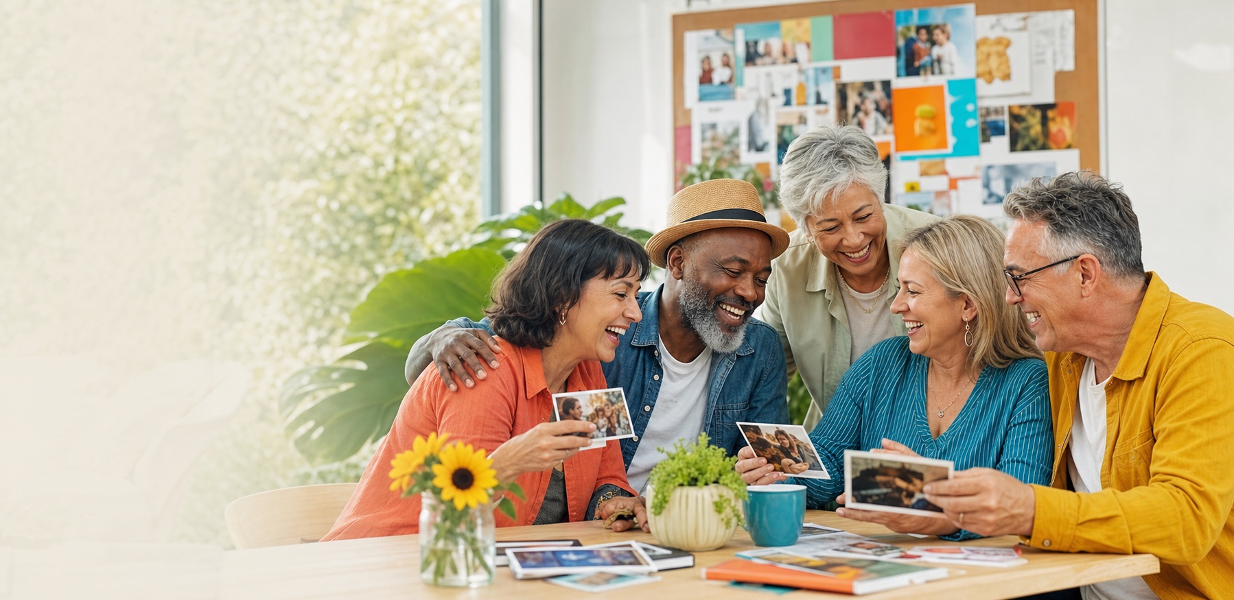 A bright community table where adults share stories and photos together.